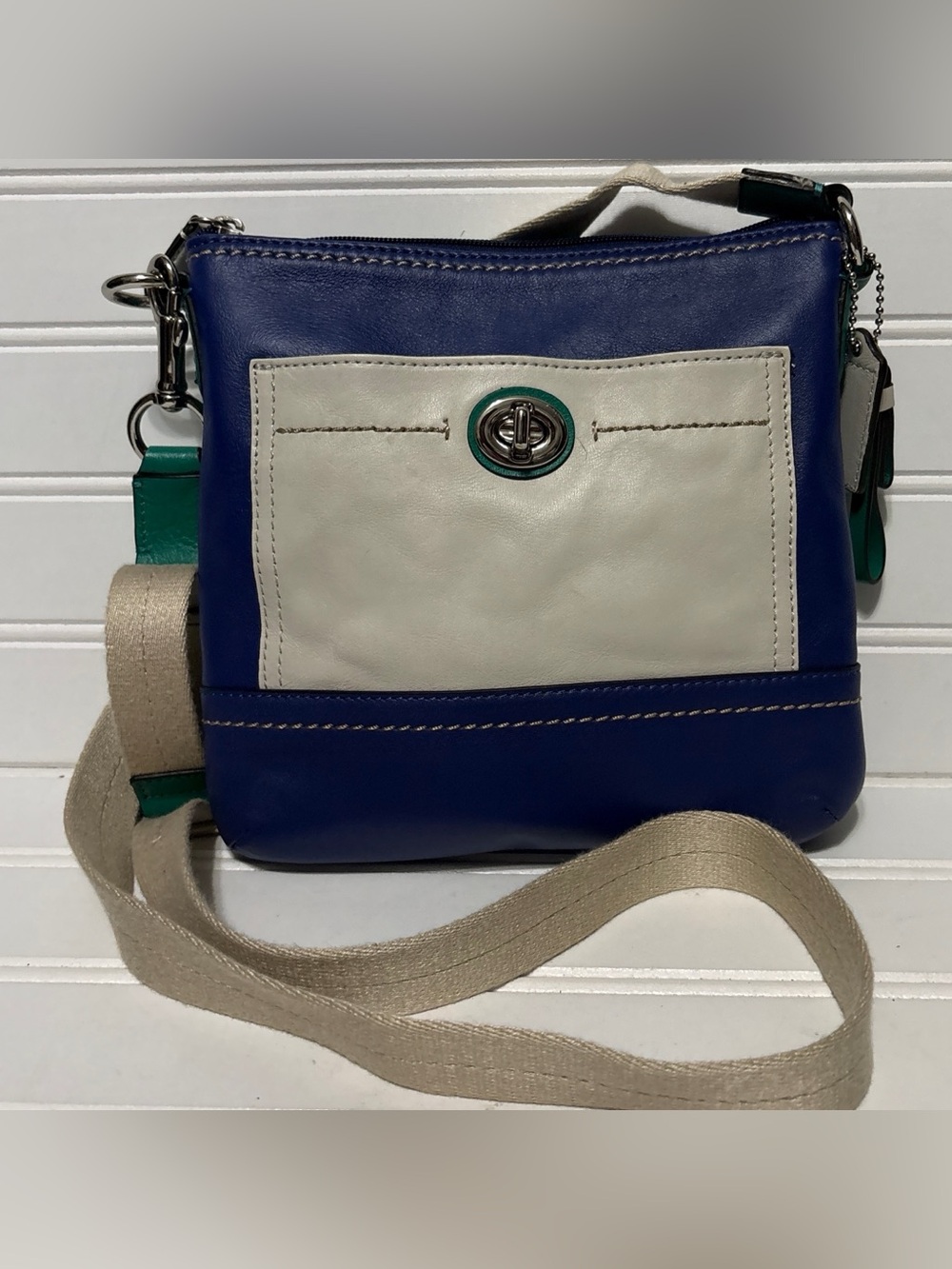 COACH Park Colorblock Carrie Blue White Leather Crossbody Shoulder Bag Purse